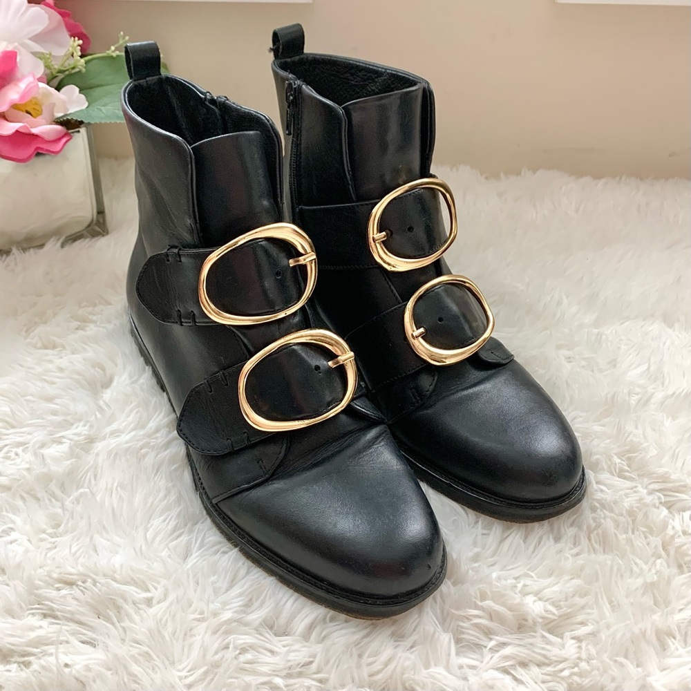 Maje Felipe Buckled Leather Moto Ankle Boots EU 40 US 9 9.5